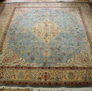 Hand - Knotted Tabrizz Blue Gold Wool India Paki Oriental Large Rug 9.  5 X 11.  2