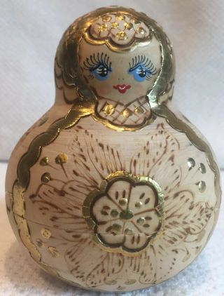 Vintage Set Of 9 Russian Matryoshka Nesting Dolls Wood Burned Gold Hand Painted