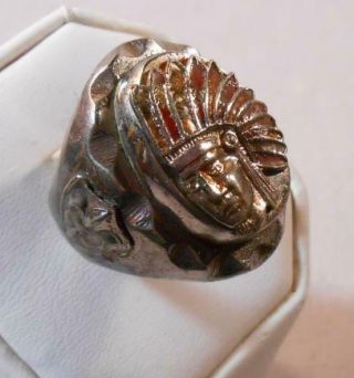 Large Vintage Mexico Biker Ring With Indian Design - Chunky Size 11