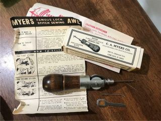 Vintage C.  A.  Myers Famous Lock Stitch Leather Sewing Awl Box Needles Awl For All