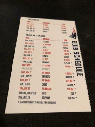 2019 England Patriots Football Pocket Schedule Season Ticket Holder Version