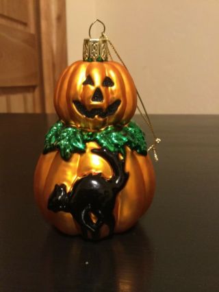 Vintage Halloween Pumpkin W/ Black Cat Ornament - Radko ? German ? Glass