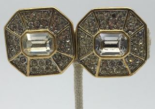 Vintage Gold Tone And Clear Rhinestone Large Costume Octagon Clip On Earrings