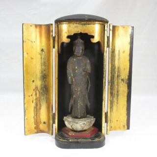 B364: Really Old Japanese Wooden Buddhist Statue In Small Shrine With Atmosphere