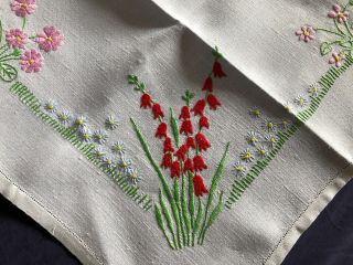 Pretty Vintage Floral Hand Embroidered Small Square Cream Irish Linen Tablecloth