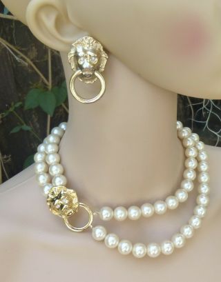 Vintage KJL Kenneth Jay Lane for Avon Lions Head Pearl Necklace & Earrings Set 2