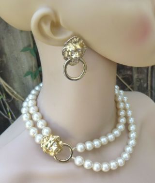 Vintage KJL Kenneth Jay Lane for Avon Lions Head Pearl Necklace & Earrings Set 3