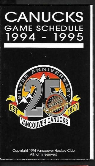 Vancouver Canucks 1994 - 95 Schedule,  Nhl Hockey,  5 Page Fold Out,  2 1/2 " X 4 1/4 "