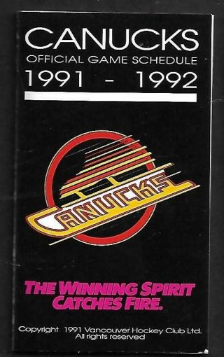 Vancouver Canucks 1991 - 92 Schedule,  Nhl Hockey,  5 Page Fold Out,  2 1/2 " X 4 1/4 "