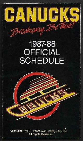 Vancouver Canucks 1987 - 88 Schedule,  Nhl Hockey,  3 Page Fold Out,  2 1/2 " X 4 1/4 "