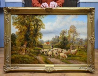 Large Fine Antique 19thc Oil Painting Of English Victorian Landscape