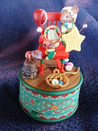 Vintage Enesco Mini Music Box Mice / Sewing - " It Seams Like Christmas "