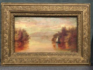 Ca.  1900 Antique Victorian River Valley Old Sailboat Seascape Folk Art Painting