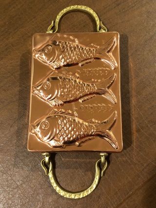Vintage Copper Tin Lined 3 Fish Mold Pan W/ Handles Wall Plaque