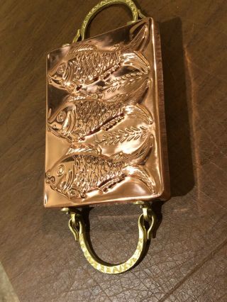Vintage Copper Tin Lined 3 Fish Mold Pan W/ Handles Wall Plaque 2