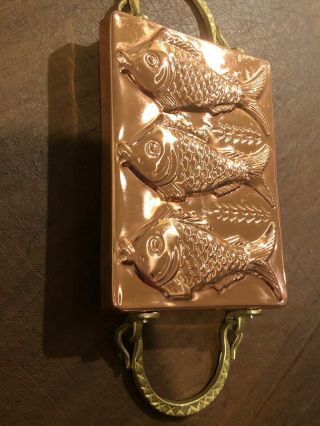 Vintage Copper Tin Lined 3 Fish Mold Pan W/ Handles Wall Plaque 3