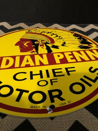 Vintage Indian Chief Penn Porcelain Sign Marked “37” Gas Pump Plate