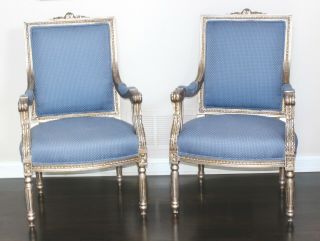 Pair Vintage French Italian Carved Gold Gilt Louis Xvi Chairs Scalamandre Fabric