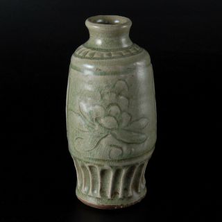 Eb261 Chinese Antique Longquan Celadon Glazed Floral Pattern Vase