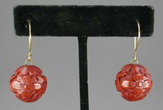 Fine Antique Chinese Carved Red Cinnabar Lacquer 16mm Bead Dangle Earrings