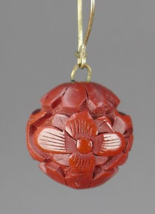 Fine Antique Chinese Carved Red Cinnabar Lacquer 16mm Bead Dangle Earrings 2