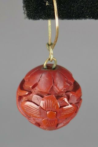 Fine Antique Chinese Carved Red Cinnabar Lacquer 16mm Bead Dangle Earrings 3