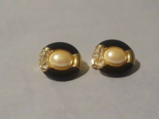 Vintage Signed Christian Dior Clip On Earrings Black With Faux Pearl Rhinestones