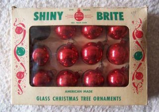 11 Vtg 1950s Shiny Brite Red Mercury Glass Christmas Feather Tree Ornaments Box