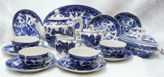 Vintage Old Miniature Childs Blue Willow Tea Set Made In Japan 19 Pc