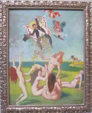 Rare Julius Meossel Oil Painting Antique Surrealism Modernism Chicago Wpa German
