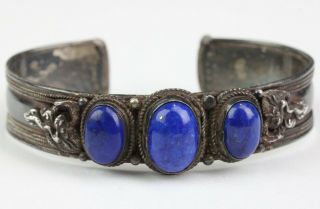 Vtg Tibetan Style Darkened Sterling Silver Lapis Lazuli Dragon Cuff Bracelet Lwa