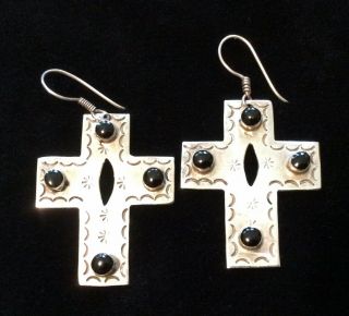 Vintage Sterling Silver And Black Onyx Cross Earrings