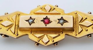 Antique 19th C.  Victorian English 9k Gold Ruby & Pearl Etruscan Bar Pin Brooch