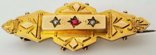 ANTIQUE 19th C.  VICTORIAN ENGLISH 9K GOLD RUBY & PEARL ETRUSCAN BAR PIN BROOCH 3