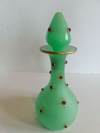 Vintage Green Opaline Red Jeweled Glass Perfume Bottle