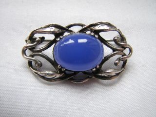 Vintage Art Nouveau Style Silver Brooch Blue Cabochon