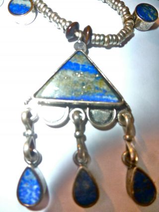 Blue Green Lapis Gems 7 Dangly Charms Silver Metal African Vtg Necklace Unisex
