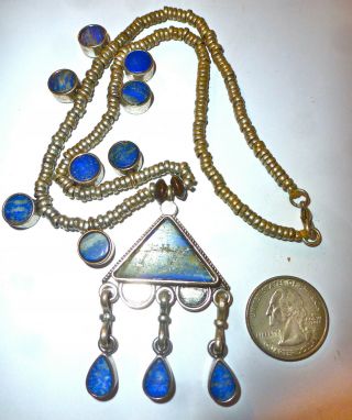 BLUE GREEN LAPIS GEMS 7 DANGLY CHARMS SILVER METAL AFRICAN VTG NECKLACE UNISEX 2