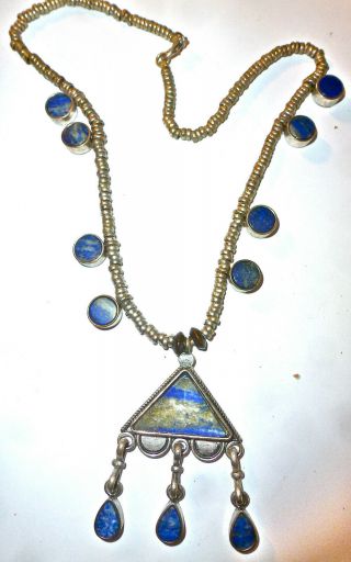 BLUE GREEN LAPIS GEMS 7 DANGLY CHARMS SILVER METAL AFRICAN VTG NECKLACE UNISEX 3