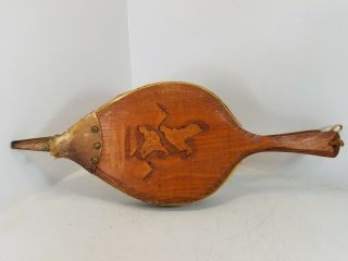 Vintage Fire Bellow - Wood And Leather,  Hand Carved Ducks