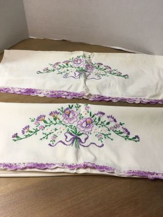 Pr Vintage White Cotton Pillowcases W/ Lavender Embroidery