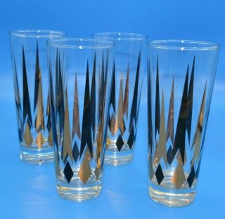 Vtg Set Of 4 Mcm Black Gold Atomic Arrow Highball Tumbler Glasses Fred Press
