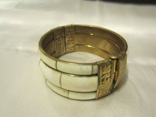 Vintage Layered Bone Brass Inlay Pinned Hinged Cuff Bangle Bracelet