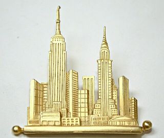 Vtg Signed Jj Brooch Pin Jonette Jewelry Gold Tone York City Skyline Empire