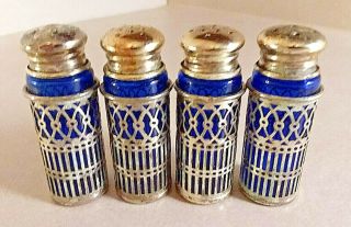 Vintage Set Of 4 Cobalt Blue Silver Plated Salt And Pepper Shakers