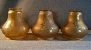 Set Of Three (3) Antique Glass Lamp Shades Matching Amber Etched Satin 2 1/4 In