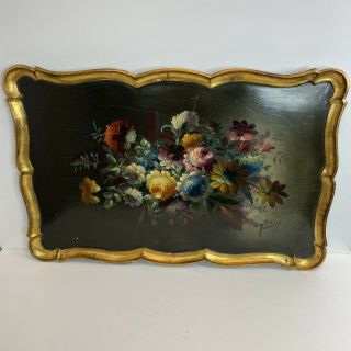 Vintage Wood Tole Floral Tray Signed Hand Painted Gold Trim 24 " X 16 "