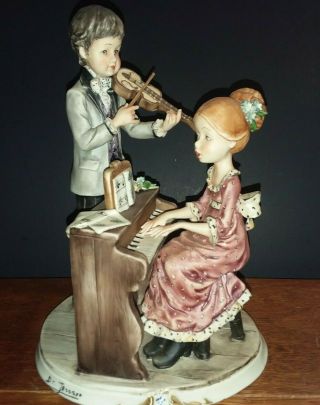 Vintage Capodimonte Figurine Boy & Girl Playing The Piano And Violin Signed