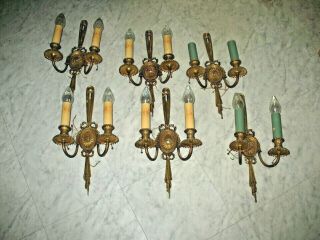 Set Six Very Large Solid Cast Brass Wall Sconce Vintage Two Arm