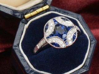 Engagement Ring Antique Art Deco Blue Diamond Sapphire Ring 14k White Gold Over